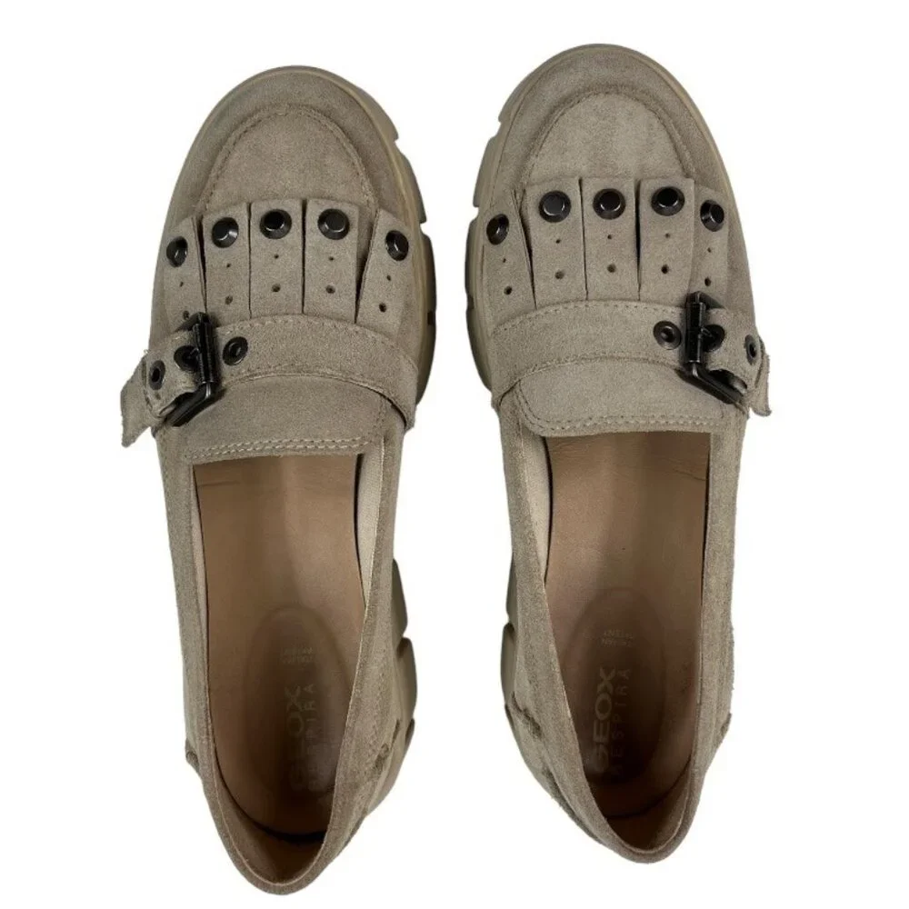 Geox Ghoula Italian Patent Suede Taupe Chunky Lug Loafers Buckle Size 38 (US 8)